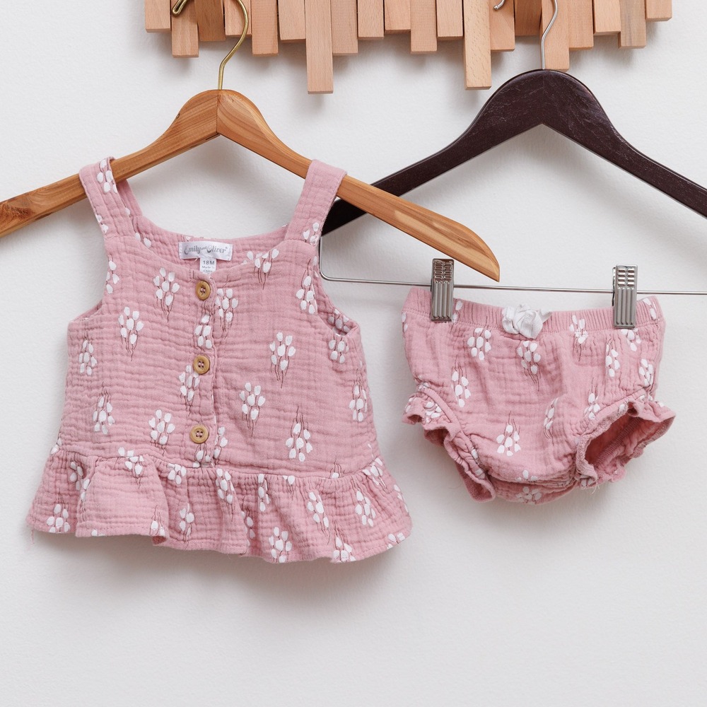 Emily and Oliver Pink Cotton Gauze Balloon Print Peplum Top and Bloomers Set 18M
